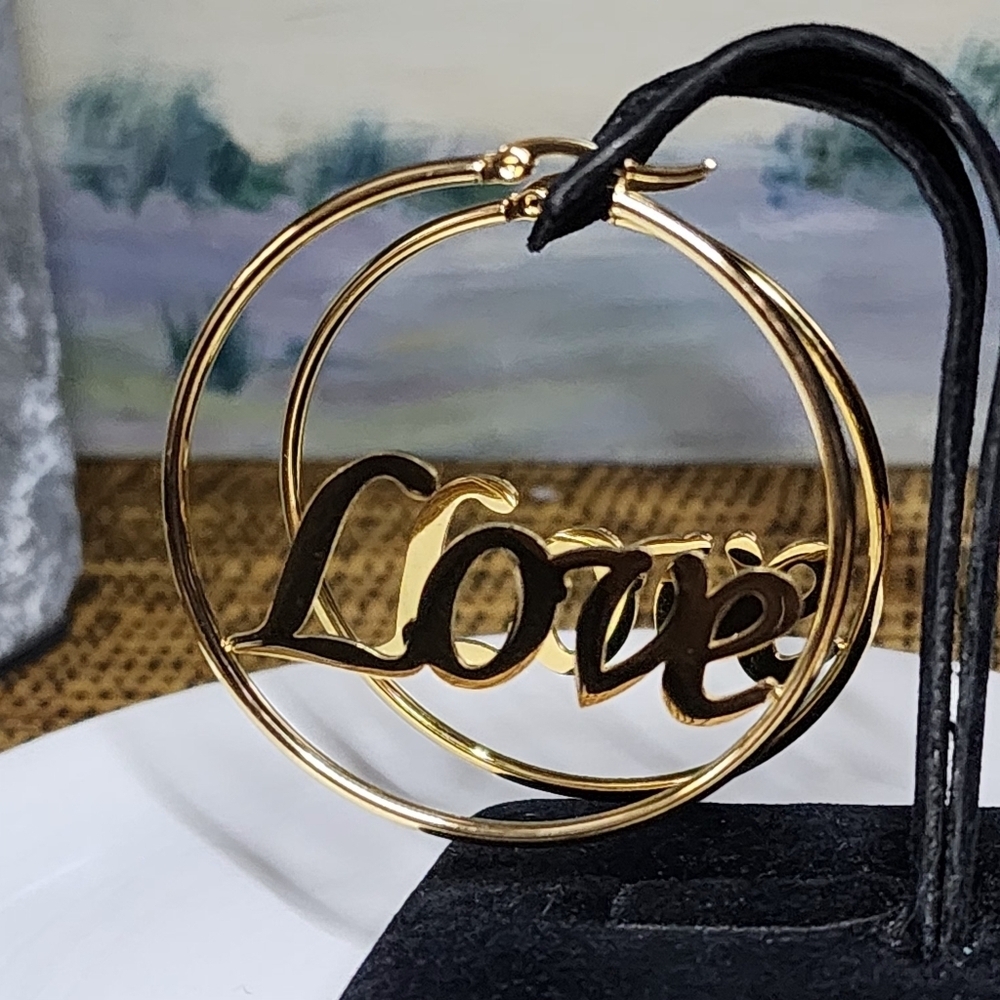 Gold Stainless Steel LOVE Hoop Earrings - Picture 4 of 7